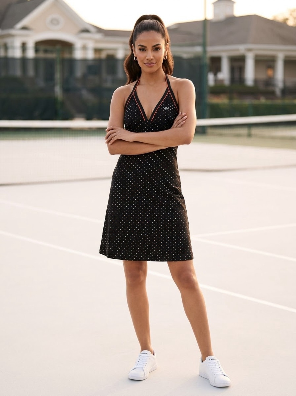 Lacoste Black Mini Halter Dress with White Polka Dots